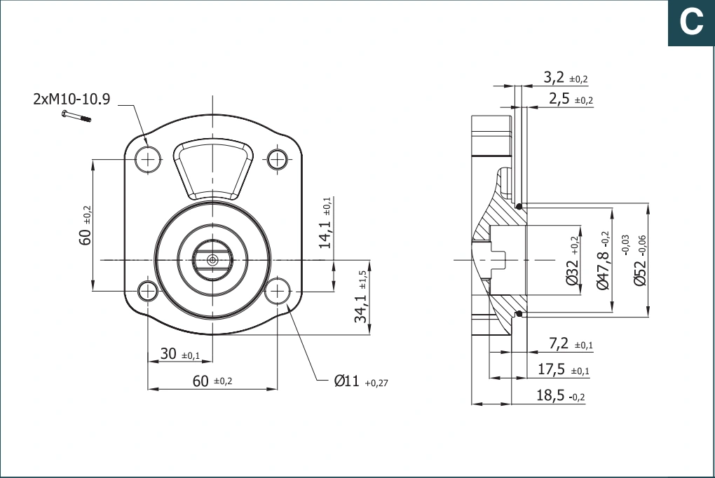 Фланец C: Два отверстия и O-ring, центрирование 52 мм