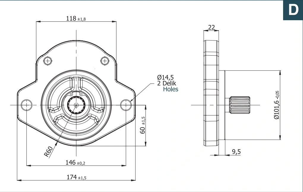 Фланец D: SAE J744 101-2B, два отверстия, центрирование 101,6 мм
