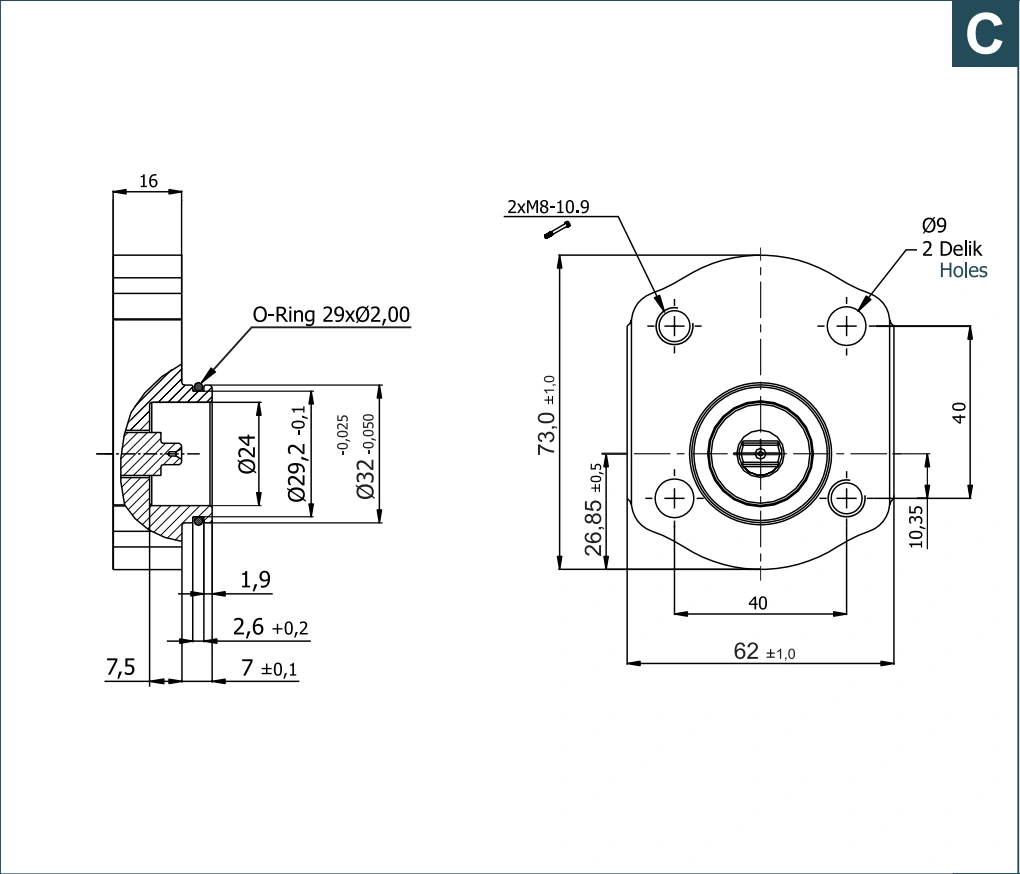Фланец C: Два отверстия и O-ring, центрирование 32 мм