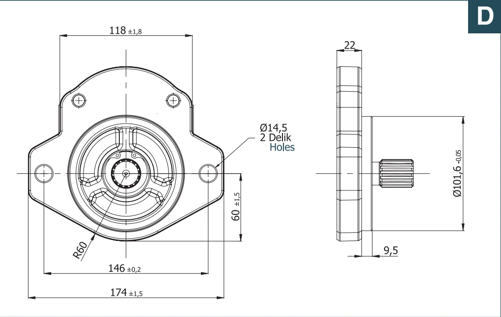 Фланец D: SAE J744 101-2B, два отверстия, центрирование 101,6 мм