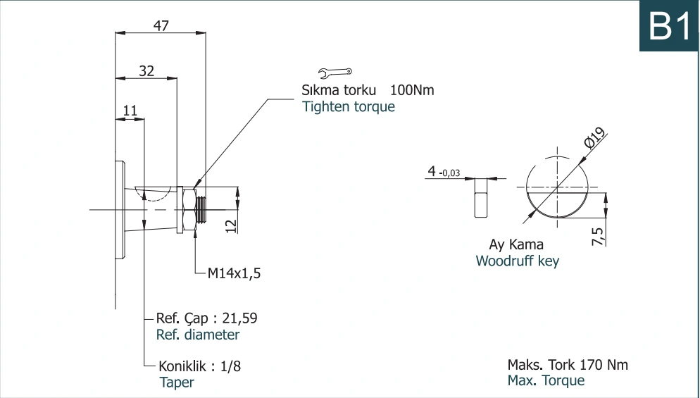 Вал B1: Конический вал со шпонкой 1:8
