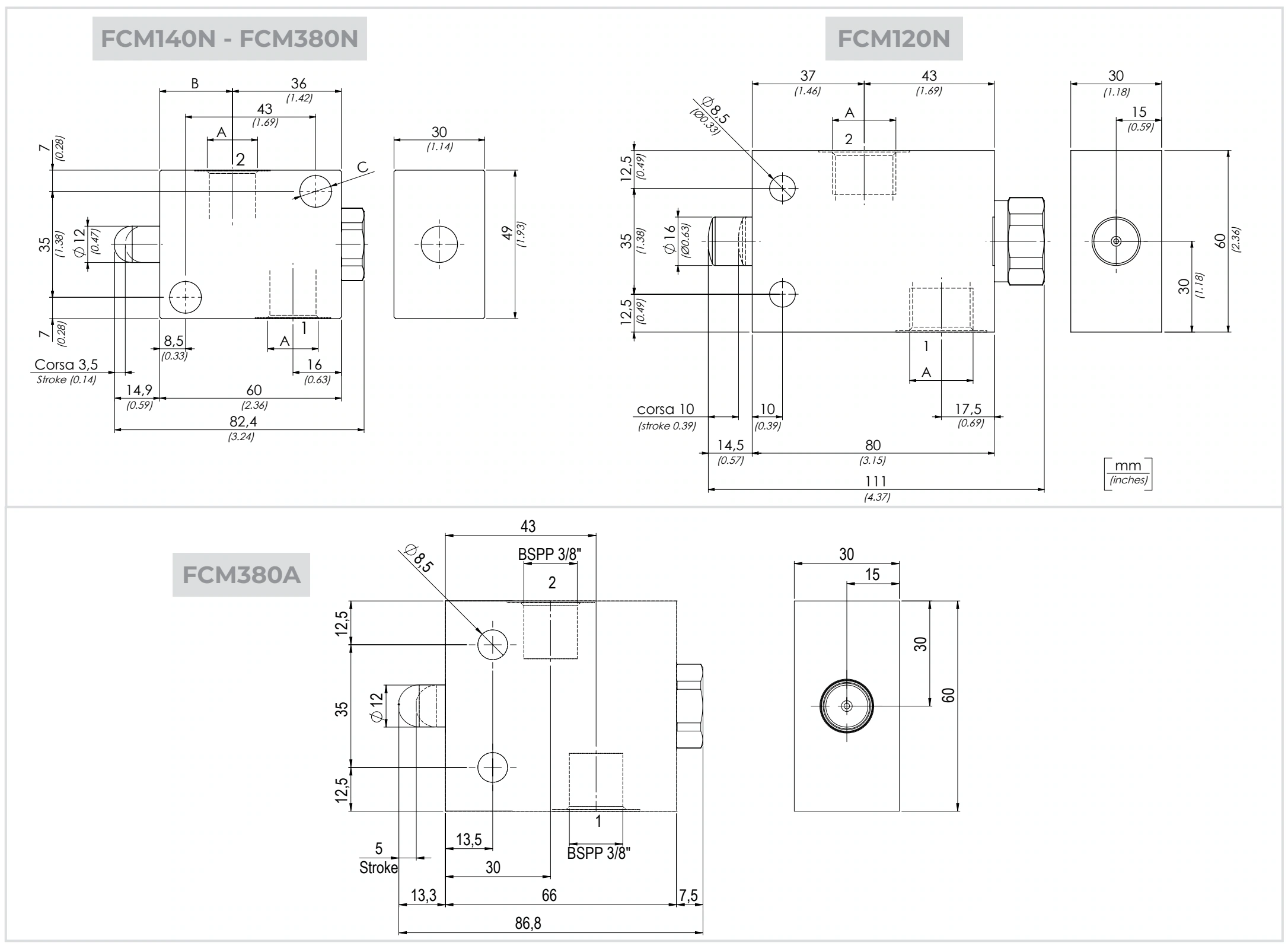 Габариты и присоединительные размеры FCM — Oleoweb CAT24EI00.02 — PDF, с. 71; печатная с. 46.