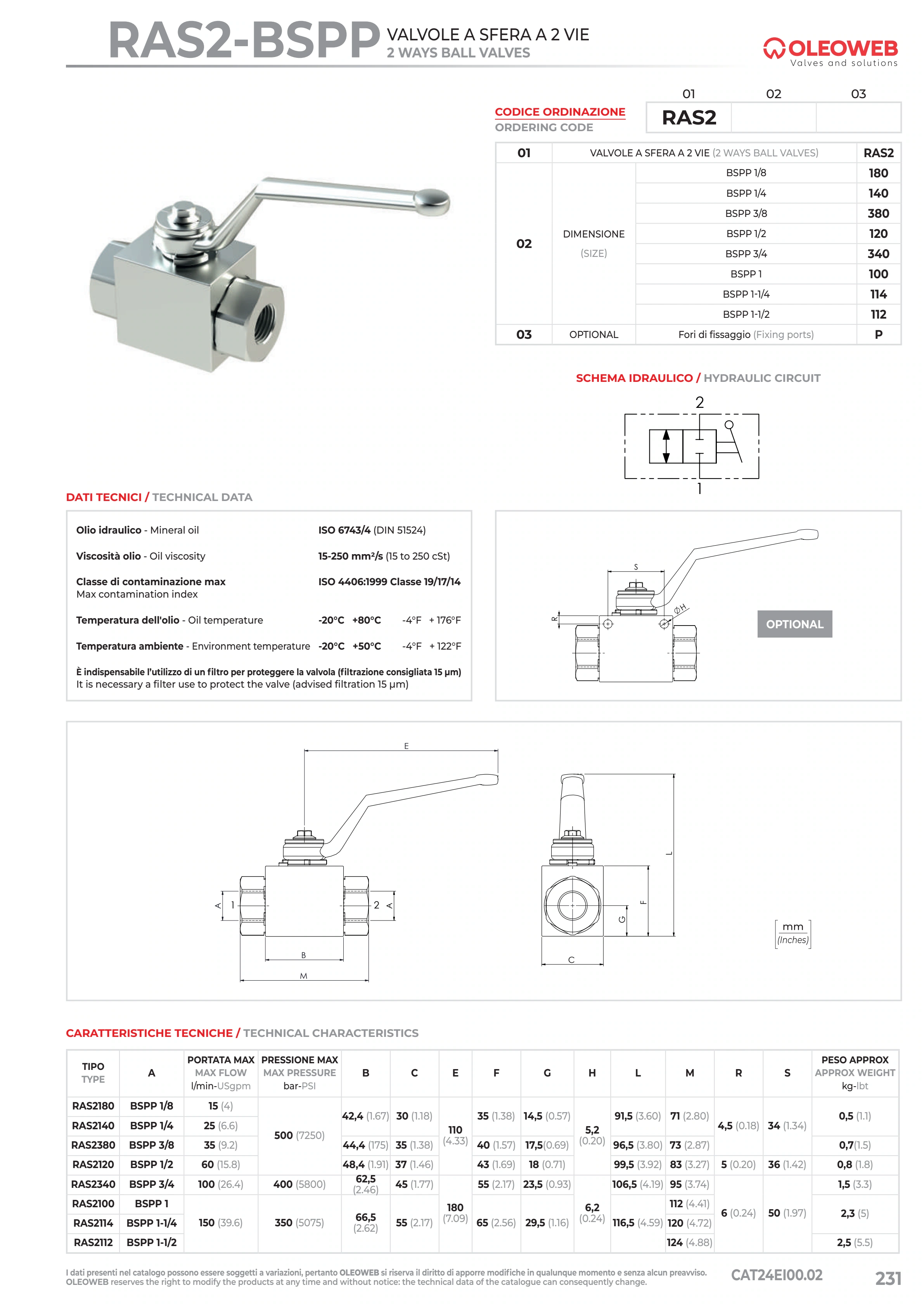 Полный технический лист RAS2 — Oleoweb CAT24EI00.02 — PDF, с. 256; печатная с. 231.